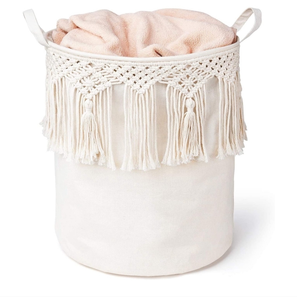 Macrame Laundry Basket Boho Laundry Canvas Hamper Woven Macrame Tassel Towel